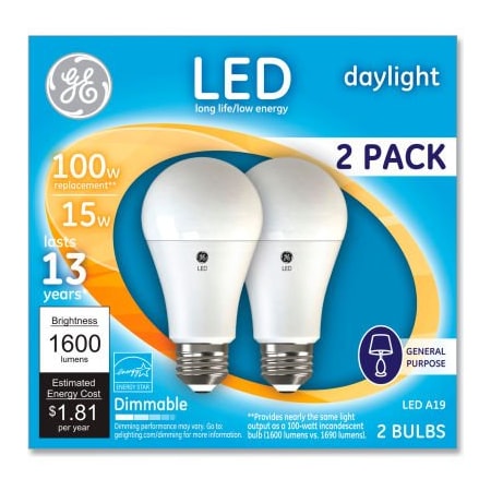 Ge 100W Led Bulbs, 15 W, A19, Daylight, 2/Pack 93127672